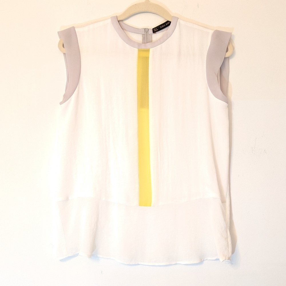 Zara Basic Sheer Sleeveless Blouse White Yellow S